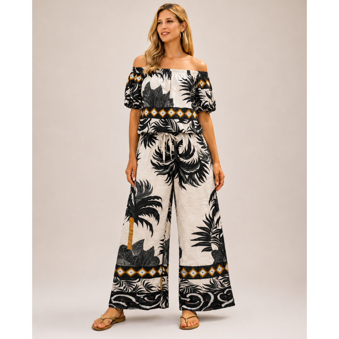 Ladies linen co-ord set with off shoulder top and wide leg trousers, lightweight summer holiday outfit