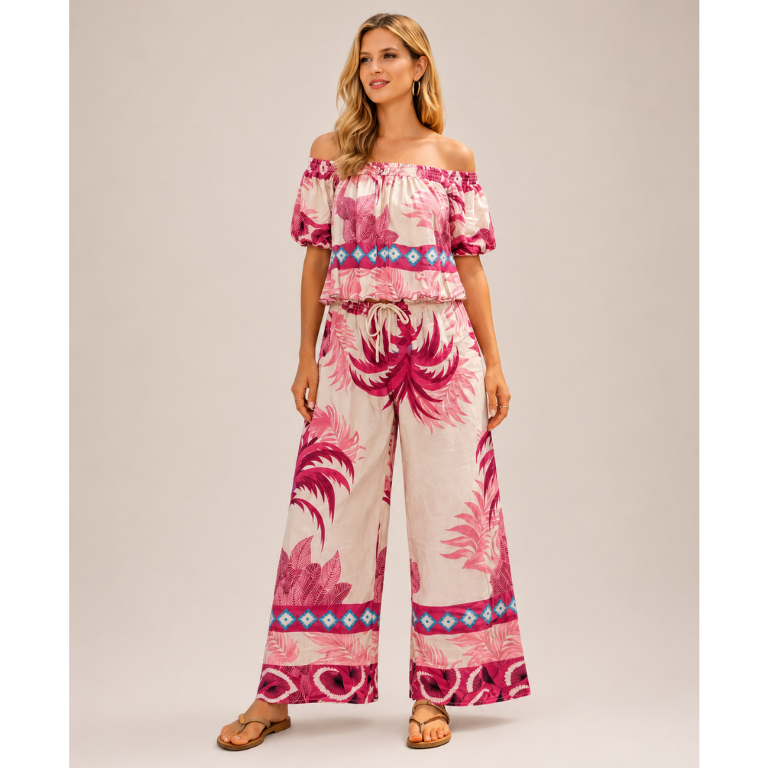 Ladies linen co-ord set with off shoulder top and wide leg trousers, lightweight summer holiday outfit