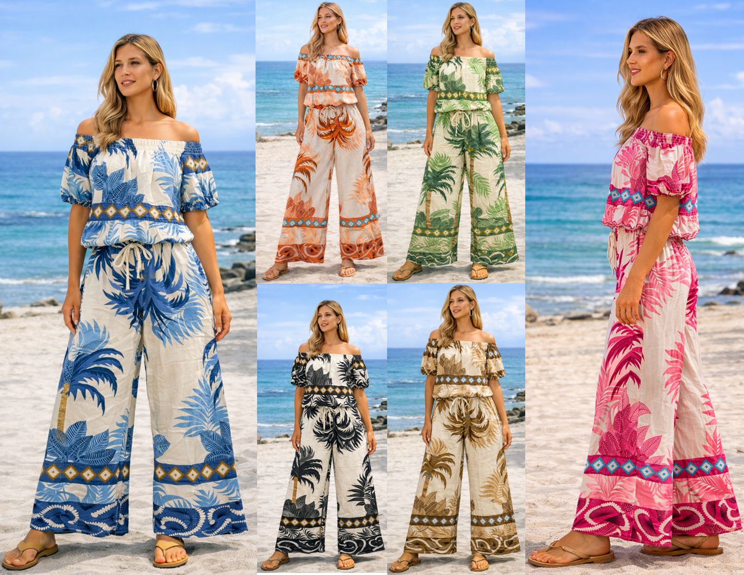 Ladies linen co-ord set with off shoulder top and wide leg trousers, lightweight summer holiday outfit
