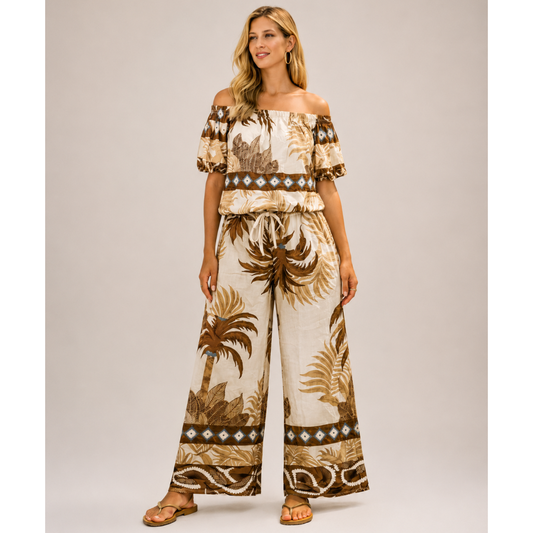 Ladies linen co-ord set with off shoulder top and wide leg trousers, lightweight summer holiday outfit