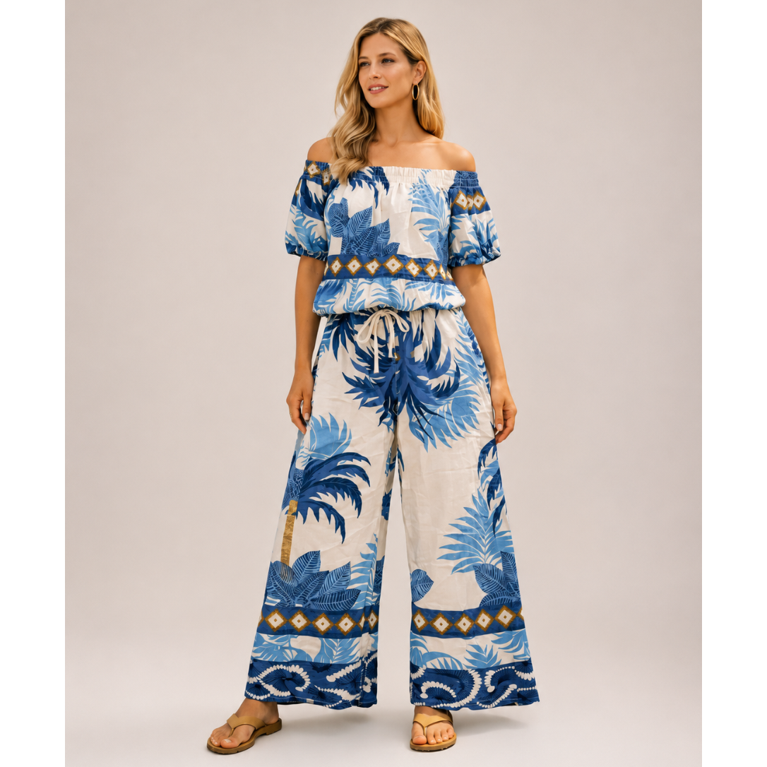 Ladies linen co-ord set with off shoulder top and wide leg trousers, lightweight summer holiday outfit