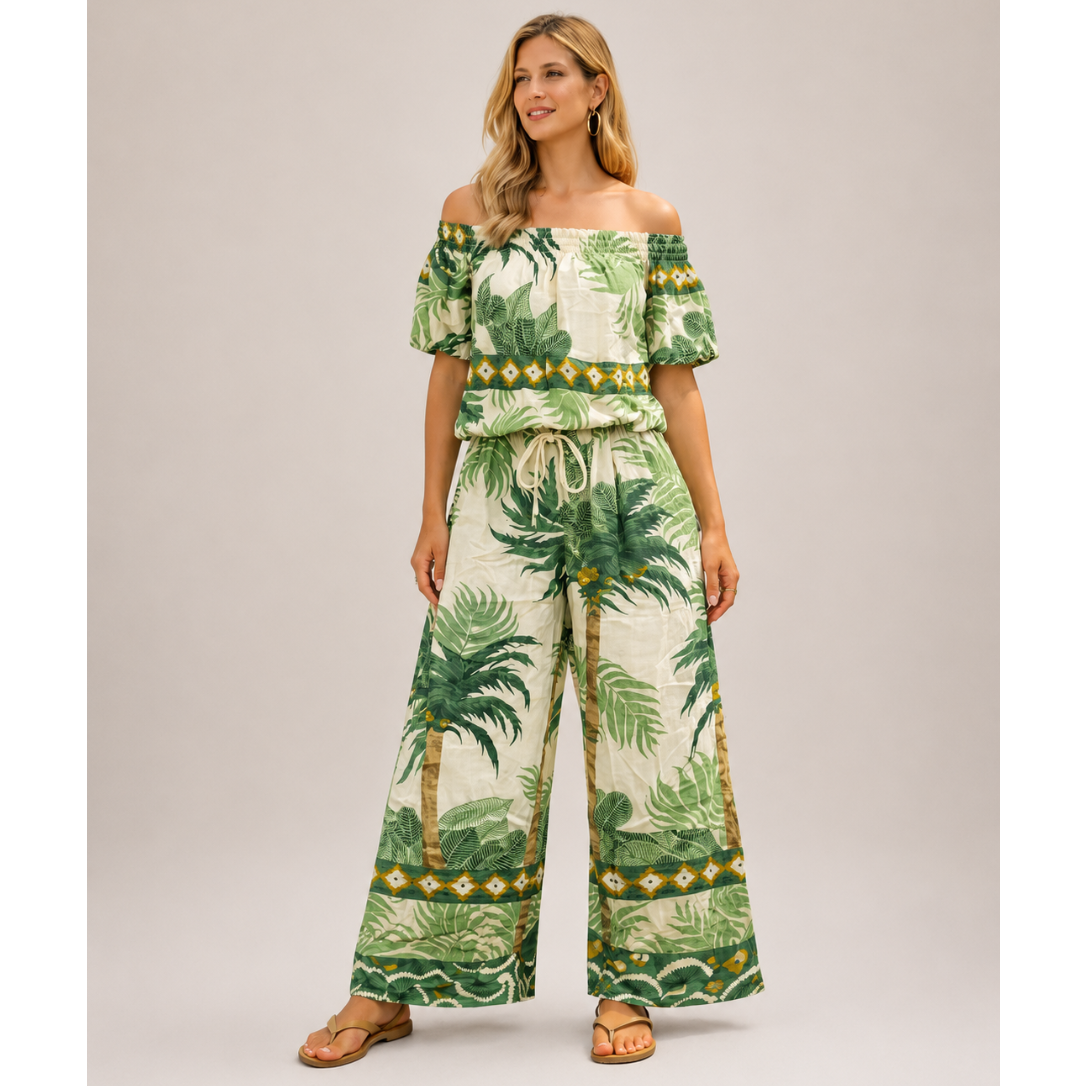 Ladies linen co-ord set with off shoulder top and wide leg trousers, lightweight summer holiday outfit