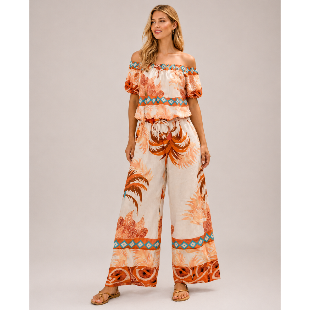 Ladies linen co-ord set with off shoulder top and wide leg trousers, lightweight summer holiday outfit