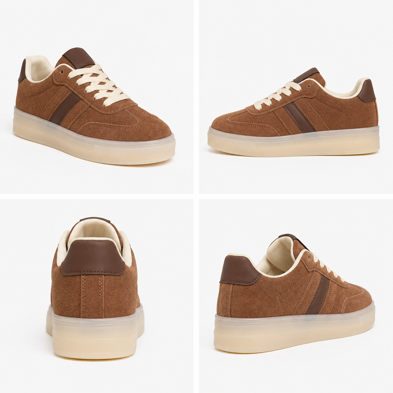 Brown faux suede platform trainers for women featuring contrast side stripes, cushioned lining, lace-up design and thick cream platform sole, perfect for everyday casual wear.