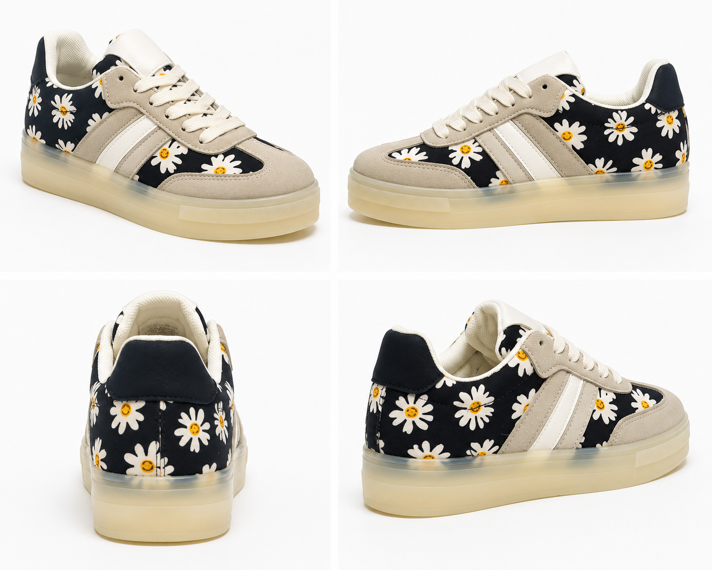 Black floral platform trainers featuring white daisy print, suede-look overlays, white side stripes and chunky cream platform sole.