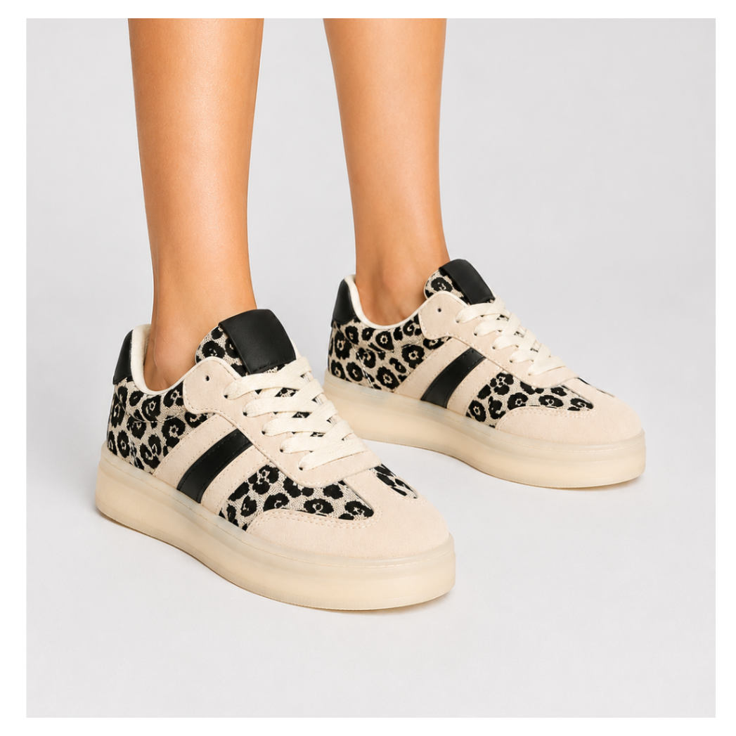 Ladies beige and black leopard print platform trainers featuring suede-look panels, contrast side stripes and chunky translucent sole for everyday wear.
