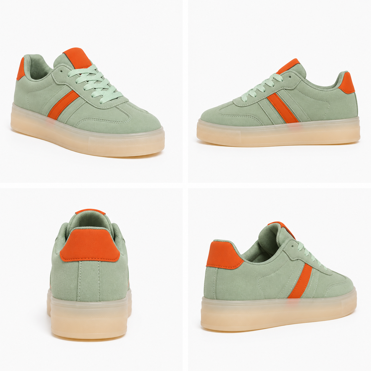 Mint green platform trainers featuring orange contrast accents, smooth synthetic upper and chunky translucent sole for everyday wear.