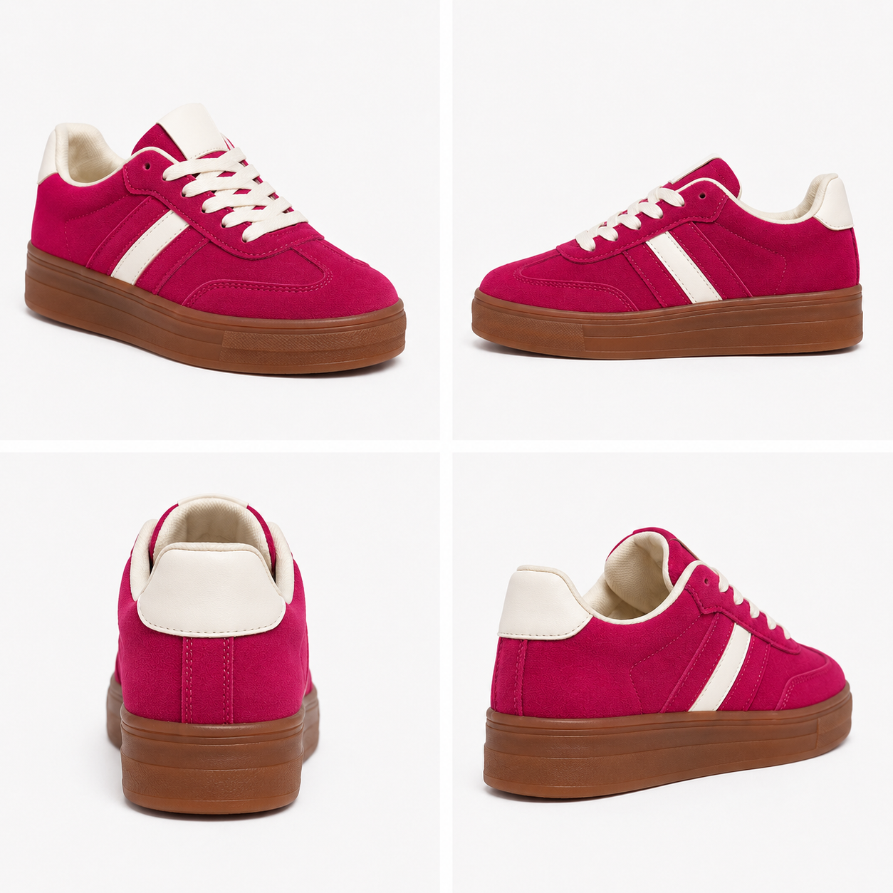 Women's pink chunky platform sneakers with white side stripes, lace-up fastening, gum sole and retro-inspired casual styling.
