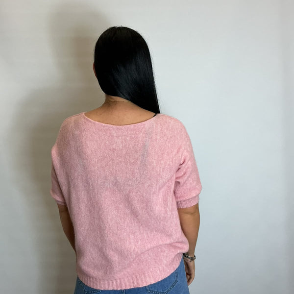 Women’s Short Sleeve Relaxed Knit Top (Light Pink)