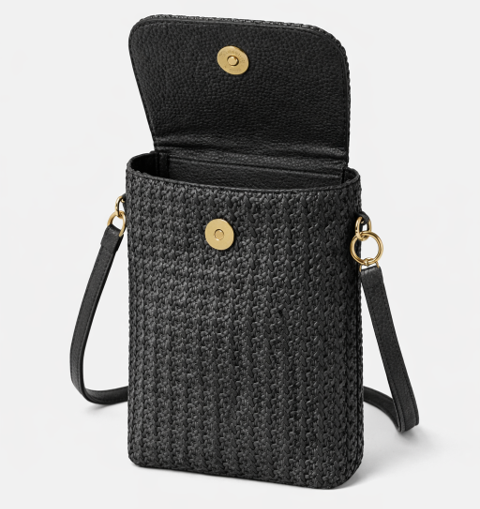 Small two-tone woven crossbody bag for women with adjustable shoulder strap