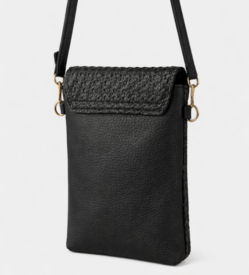 Small two-tone woven crossbody bag for women with adjustable shoulder strap