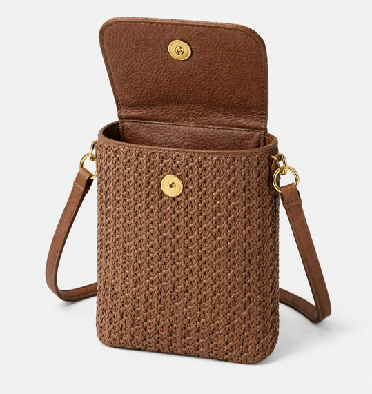 Small two-tone woven crossbody bag for women with adjustable shoulder strap