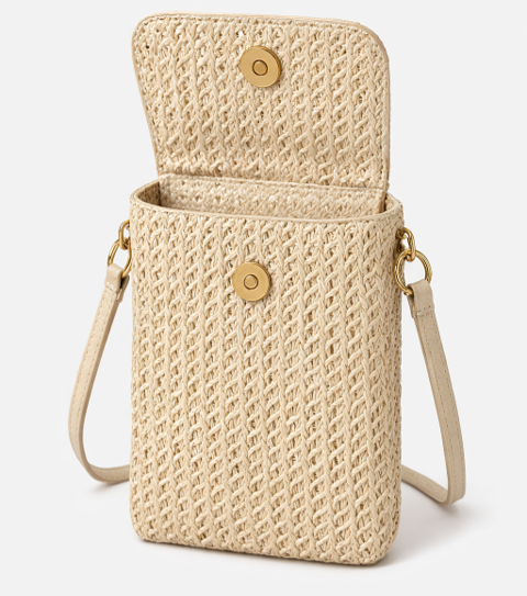 Small two-tone woven crossbody bag for women with adjustable shoulder strap