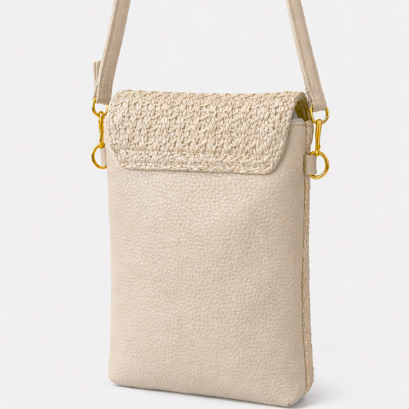 Small two-tone woven crossbody bag for women with adjustable shoulder strap