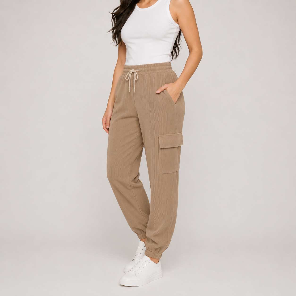 Ladies beige cord cargo joggers with pockets – casual relaxed fit 