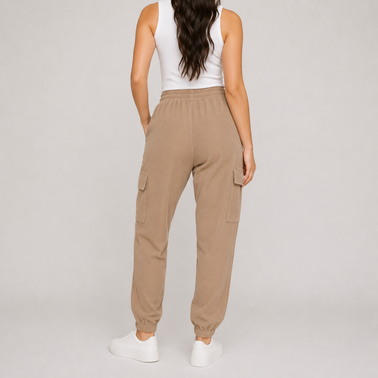 Ladies beige cord cargo joggers with pockets – casual relaxed fit 