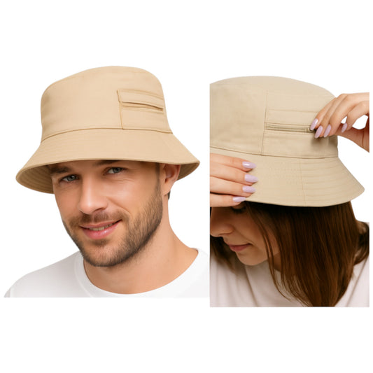 Men's, Ladies and Unisex Beige bucket hat with side zip pocket for travel, summer, or casual wear