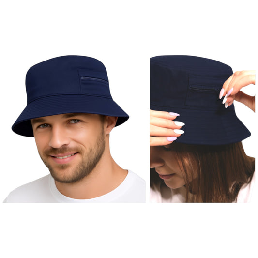 Men's, Ladies and Unisex Navy bucket hat with side zip pocket for travel, summer, or casual wear
