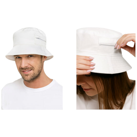 Men's, Ladies and Unisex White bucket hat with side zip pocket for travel, summer, or casual wear