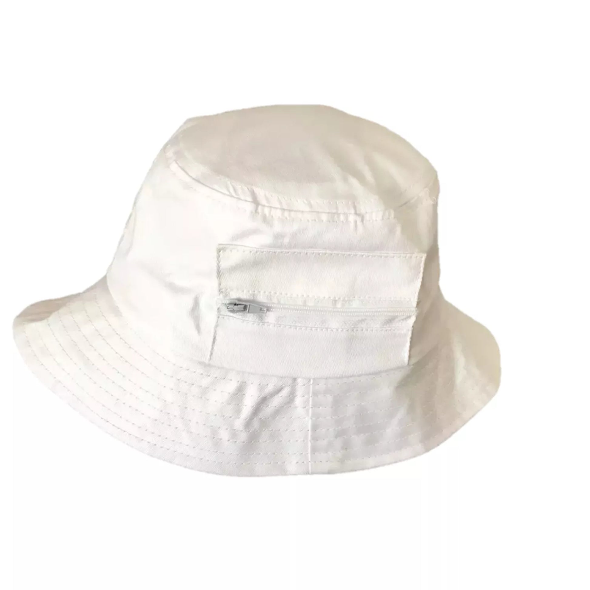 Men's, Ladies and Unisex White bucket hat with side zip pocket for travel, summer, or casual wear