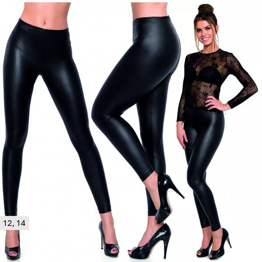 Ladies black leather wet look leggings, high waisted skinny fit faux leather trousers for women