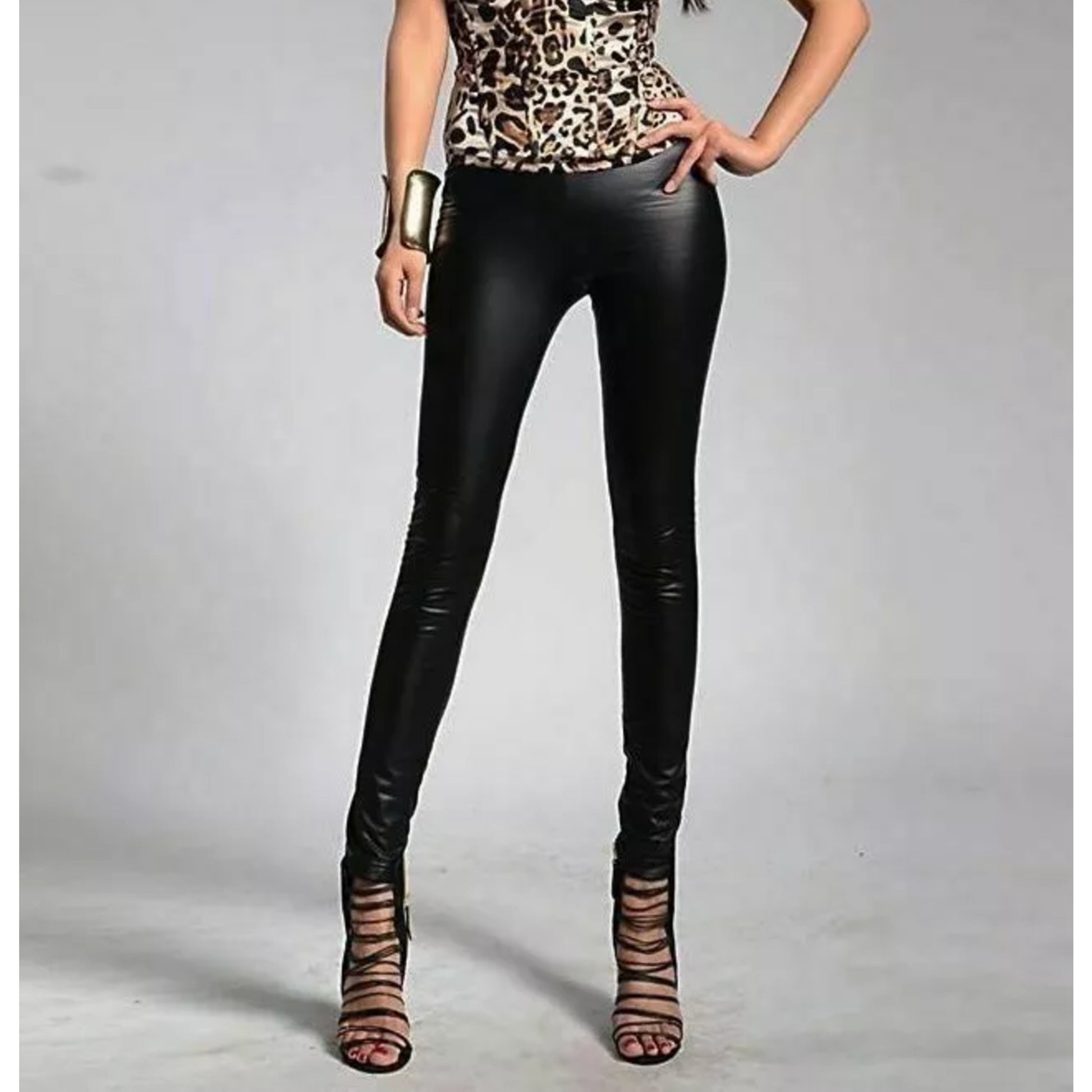 Ladies black leather wet look leggings, high waisted skinny fit faux leather trousers for women