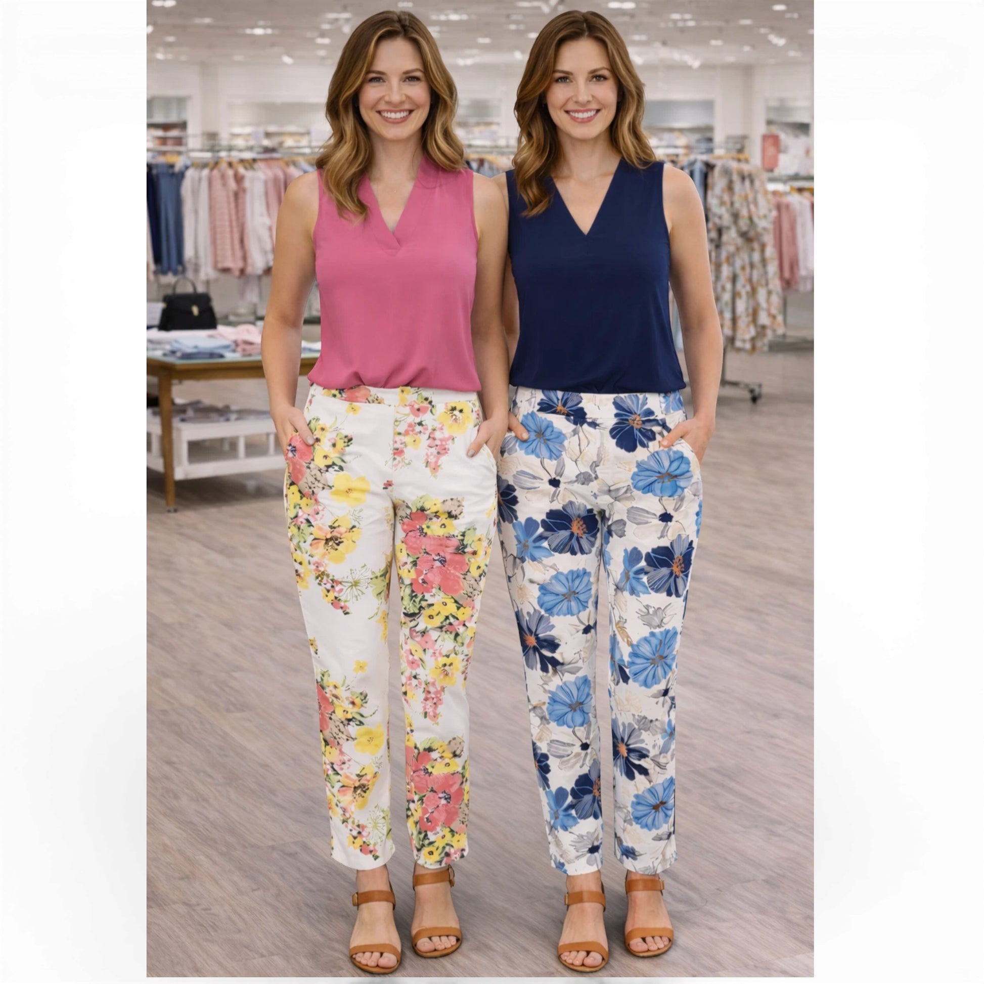 Ladies floral print easy care trousers – lightweight spring summer trousers 