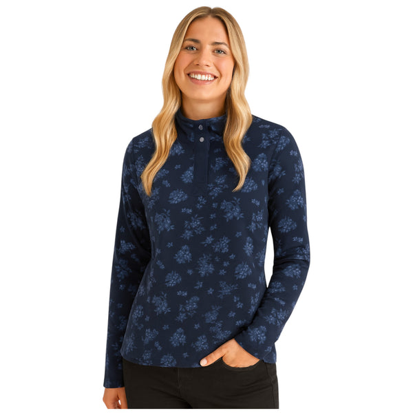 Ladies Long Sleeve Floral Print Funnel Neck Top – Navy