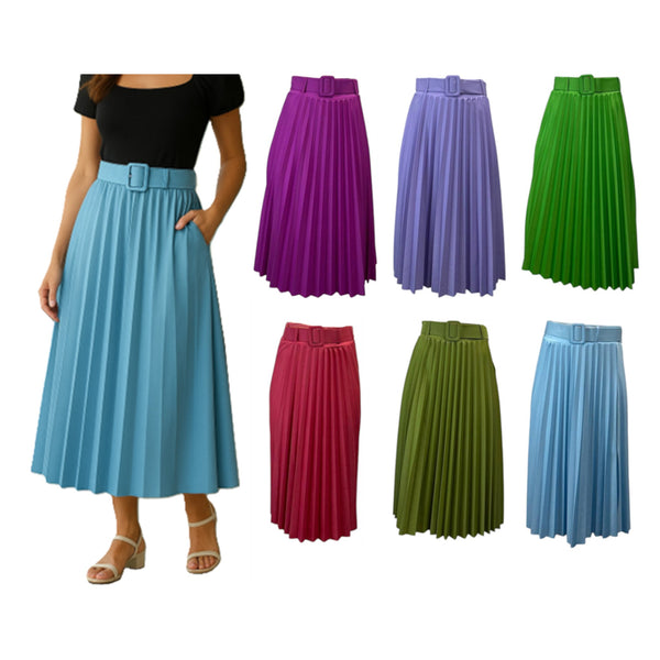Ladies Pleated Midi Belted Skirt - Size 10 - 14