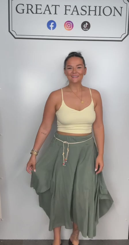 Ladies Italian boho maxi skirt in Khaki with an asymmetric hem, elasticated drawstring waistband and flowing relaxed fit.