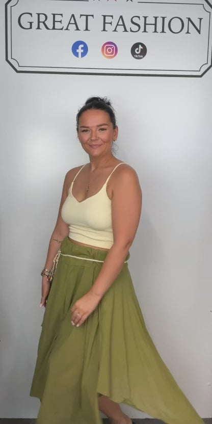 Ladies Italian boho maxi skirt in Lime Green with an asymmetric hem, elasticated drawstring waistband and flowing relaxed fit.
