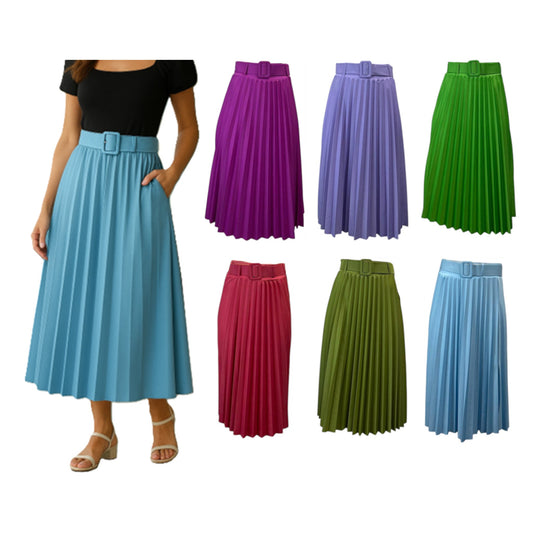 Ladies Pleated Midi Belted Skirt - Size 10 - 14